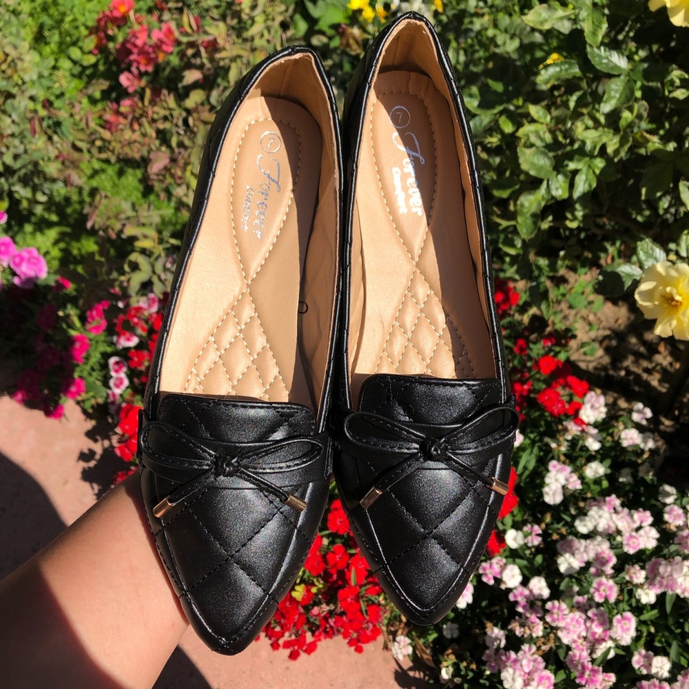 Stella Black Quilted Bow Pointed Toe Flats Womens